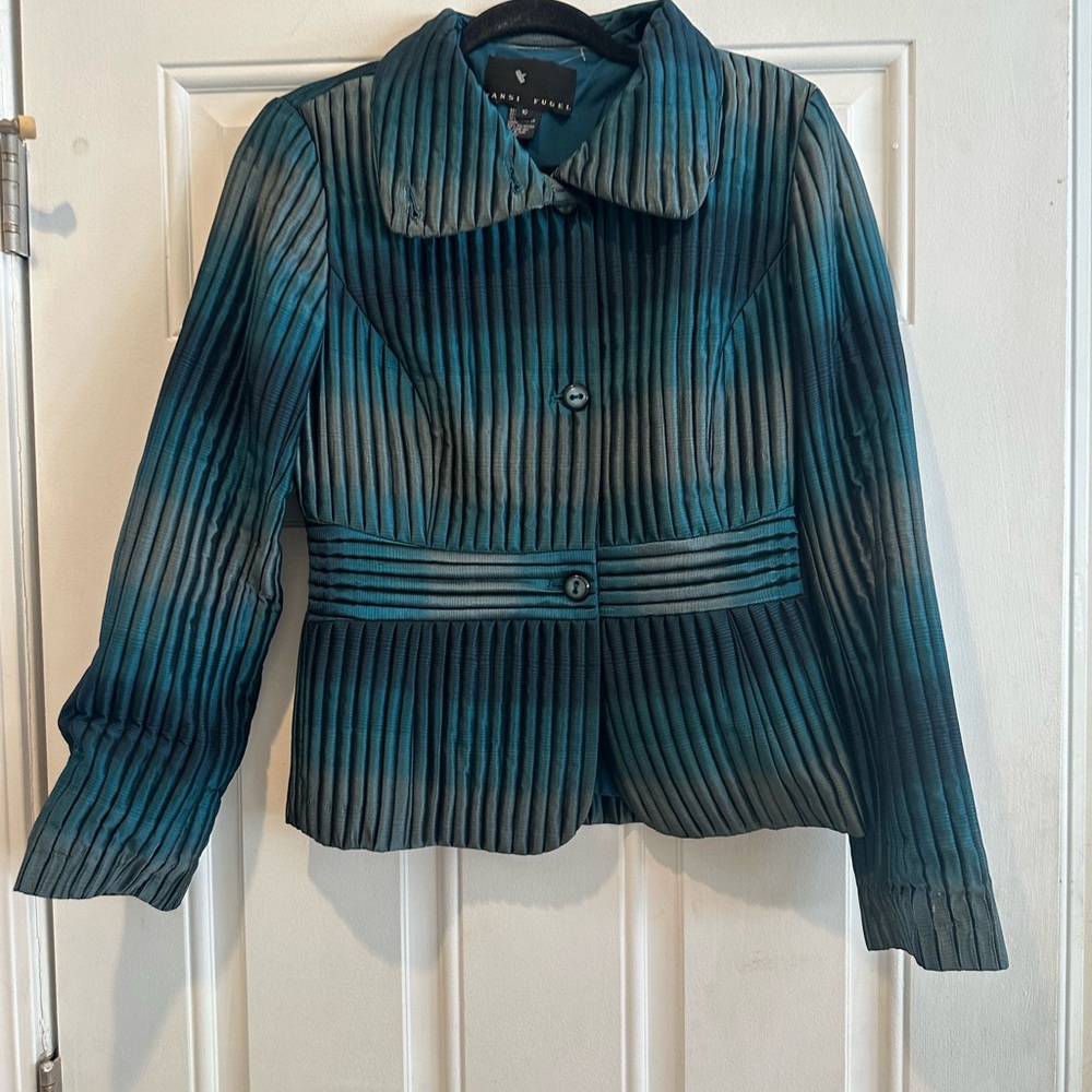 Yansi Fugel Teal and Gray Striped Blazer-Super cute!
